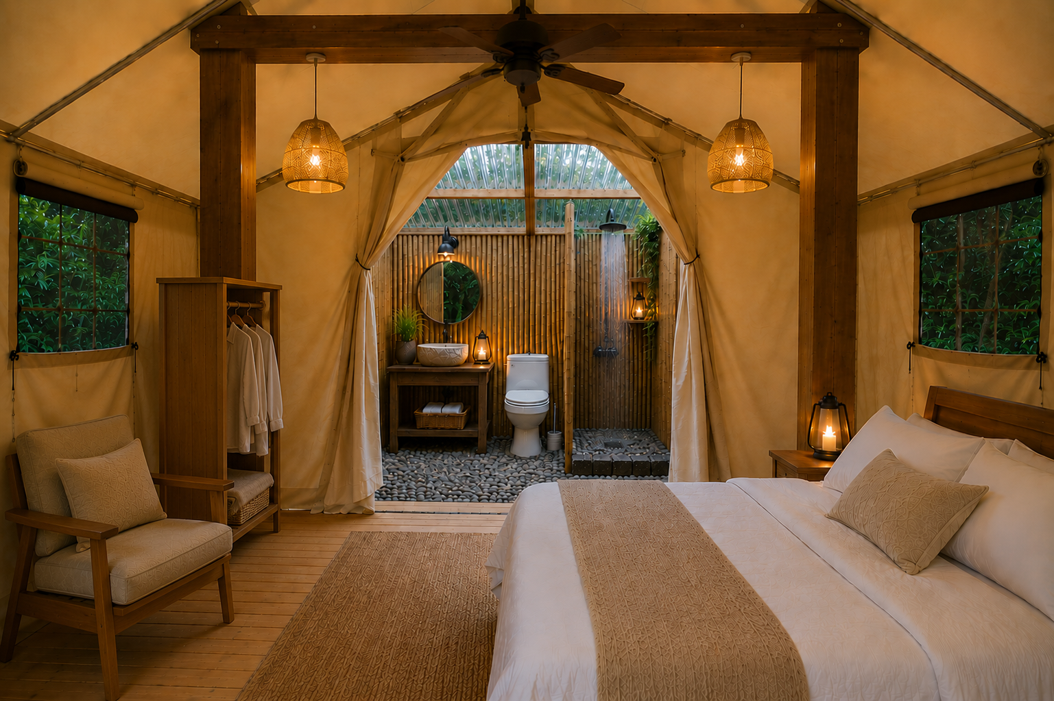 Inside a Bamboo Nest Puerto Rico canvas tent — linen-dressed bed, wood accents and soft pendant light