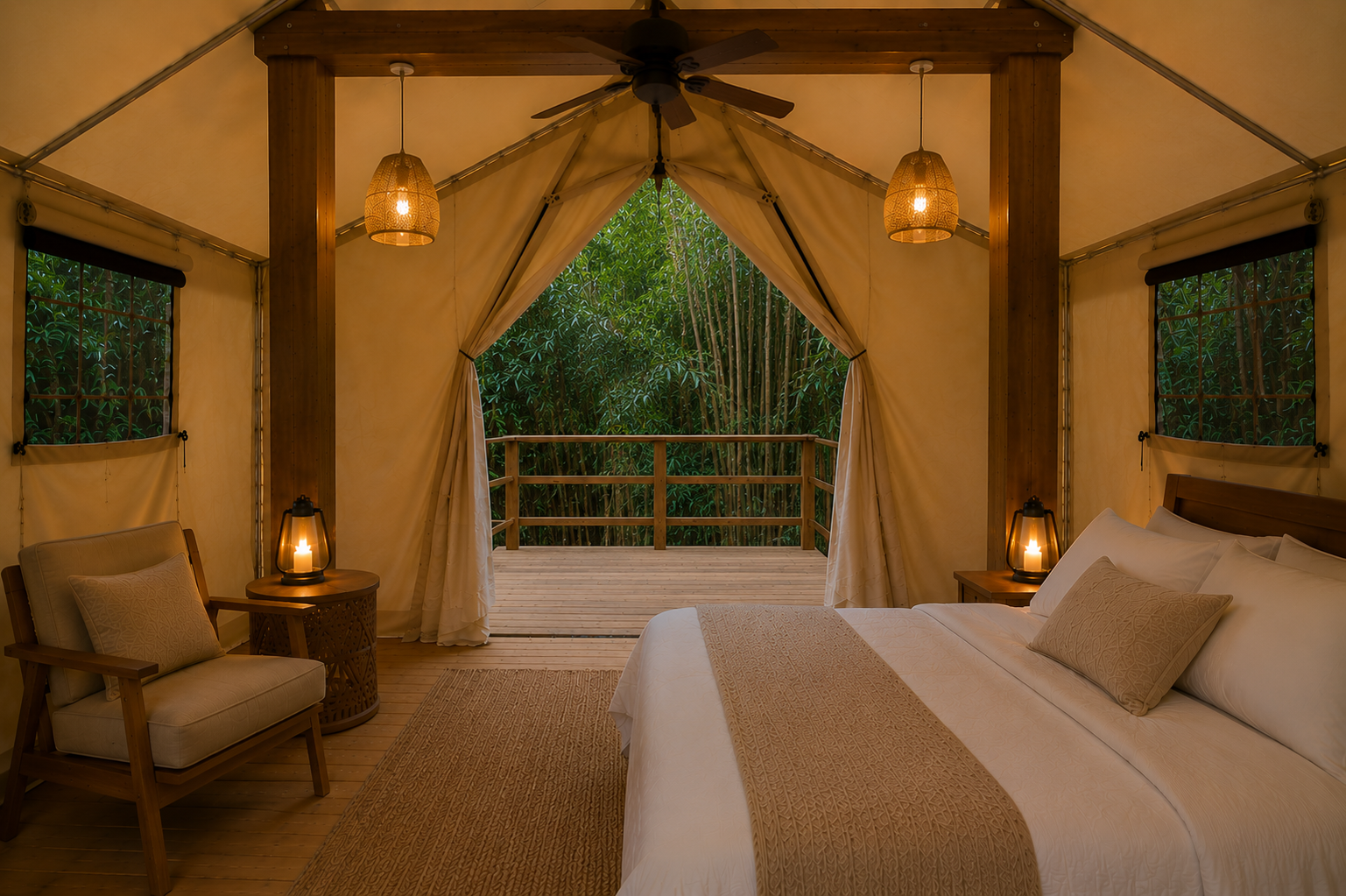 View from inside the tent looking out to the private deck and bamboo grove beyond