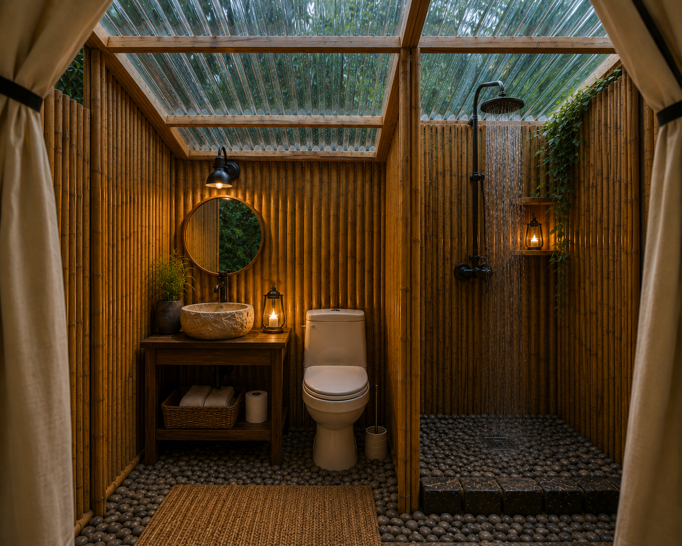 Open-air bamboo bathroom with rain shower, stone vessel sink, river-rock floor and lantern light