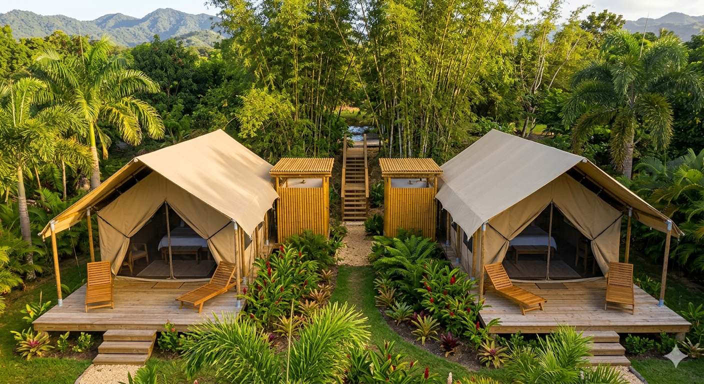Aerial golden-hour view of both Bamboo Nest Puerto Rico tents with bamboo grove and Puerto Rican mountains