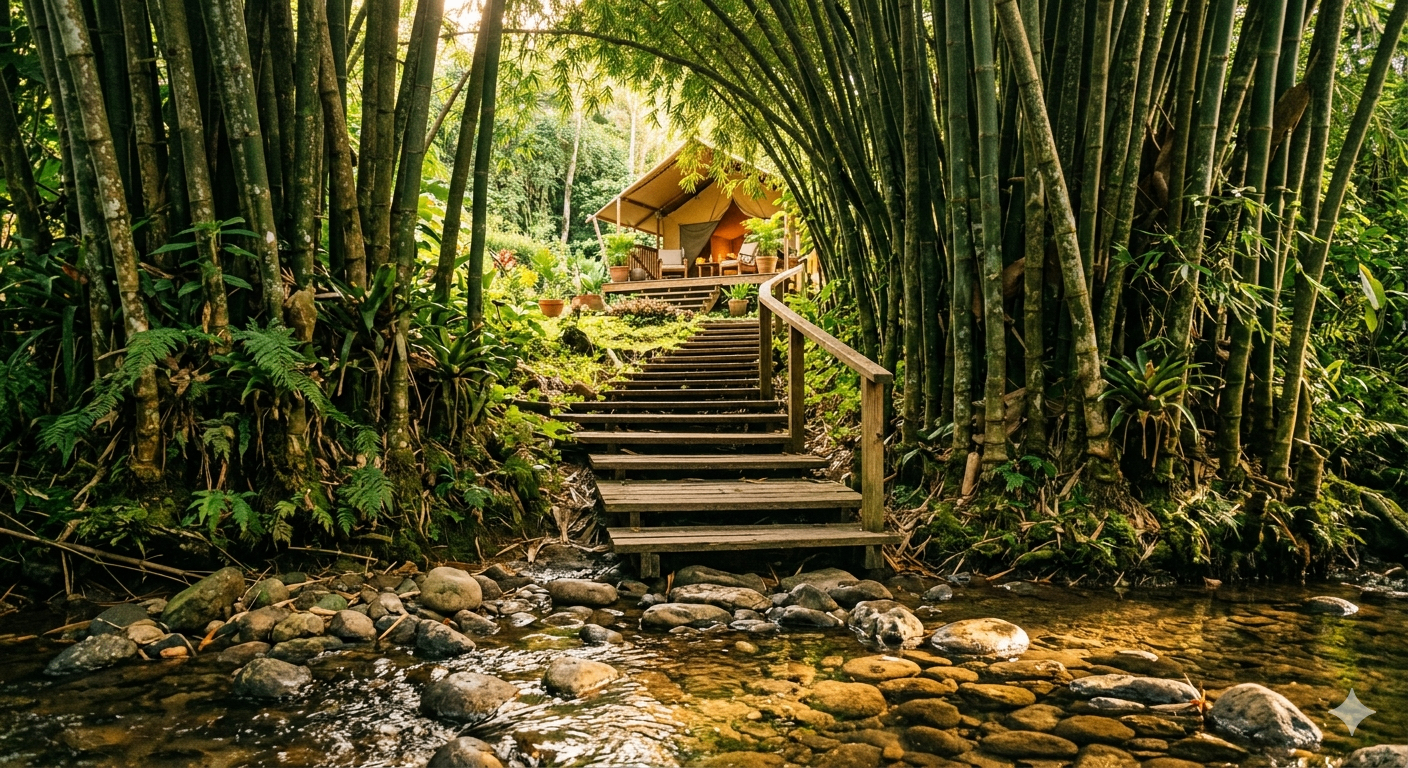 View from the creek looking up through a bamboo arch and wooden stairs to a glowing Bamboo Nest Puerto Rico tent